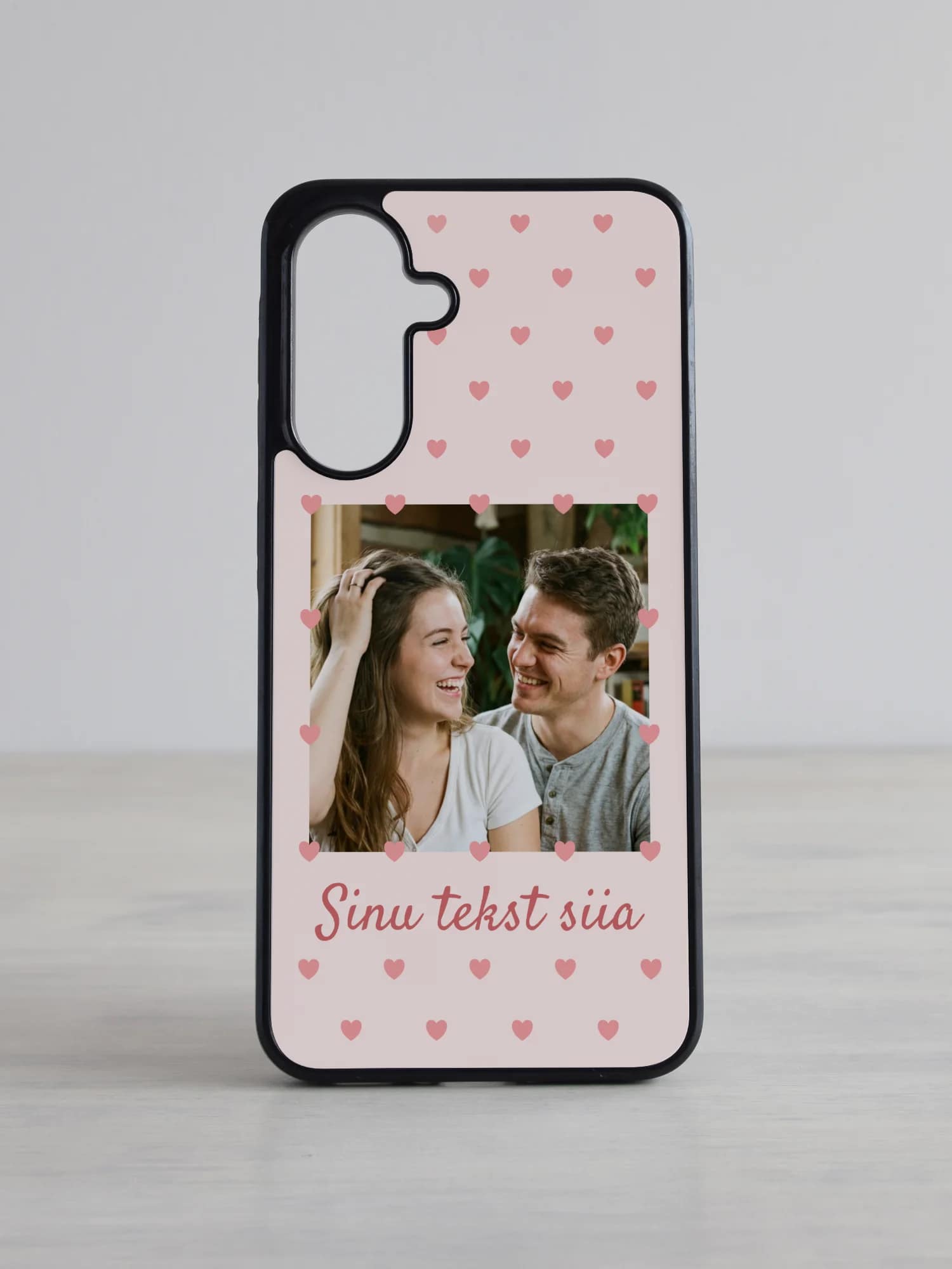 Roosa südamepolkaga Samsung Galaxy kaas nime ja pildiga personaliseeritud