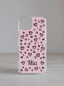 iphone ümbris "armas leopard" (sinu tekstiga) iPhone telefonikaas "Armas Leopard" roosade südametega, Alt-tekst iPhone telefonikaas "Armas Leopard" roosade südametega, personaliseeritav oma nimega, pehmed roosad toonid tumehalliga Vaata, kuidas kirjeldada pildi otstarvet(avaneb uues sakis). Puhtdekorati, pehmed roosad toonid tumehalliga