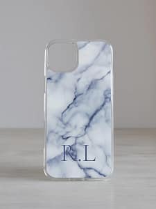 iphone ümbris "liustik" (sinu tekstiga) Valge-sinine marmormustriga iPhone kaas initsiaalidega personaliseeritud