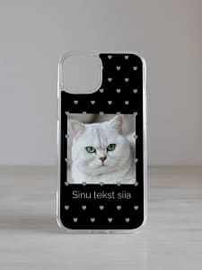 Must südamepolkaga iPhone kaas nime ja pildiga personaliseeritud