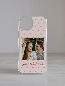 Roosa südamepolkaga iPhone kaas nime ja pildiga personaliseeritud