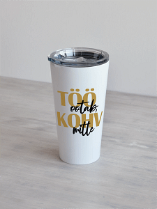 personaliseeritav termostass “kohv ei oota” (kopeeri) Valge 480ml termostass, millel on tekstikujundus töö ootab, kohv mitte, beež-must.