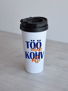 nimeline termoskruus "kohv ei oota" Valge 500ml termoskruus, millel on tekstikujundus töö ootab, kohv mitte, sinine-oranz.