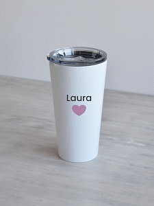 480ml valge termostass, roosa süda, nimega personaliseeritud