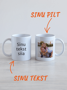 personaalne kruus – foto, tekst või mõlemad Kaks valget kruusi, personaliseeritavad oma pildiga ja oma tekstiga.