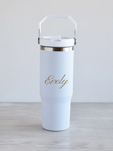 nimeline kõrre ja sangaga joogipudel 900ml Valge matt kõrre ja sangaga joogipudel, 900ml, nimega personaliseeritud, kuldne