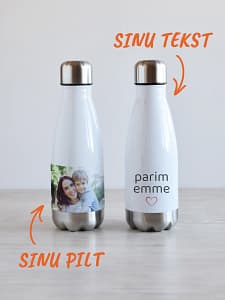 Valge 350 ml personaliseeritav joogipudel, lisa oma foto või tekst.