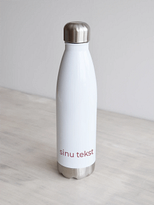Valge joogipudel, personaliseeritav, oma tekstiga tagaküljel.