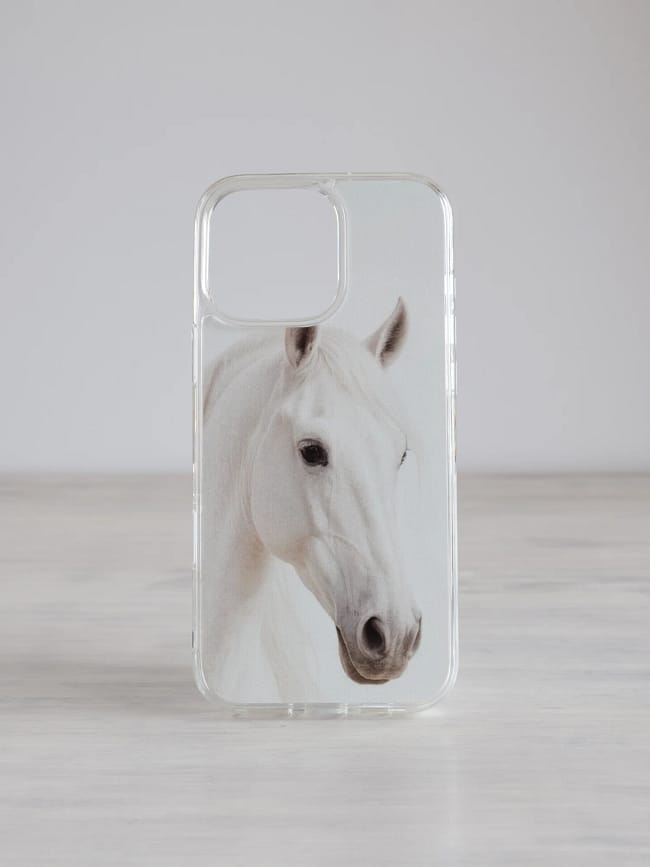 iPhone ümbris "Valge hobune" (Sinu tekstiga) Elegantne monokroomne iPhone telefonikaan valge hobuse portreega