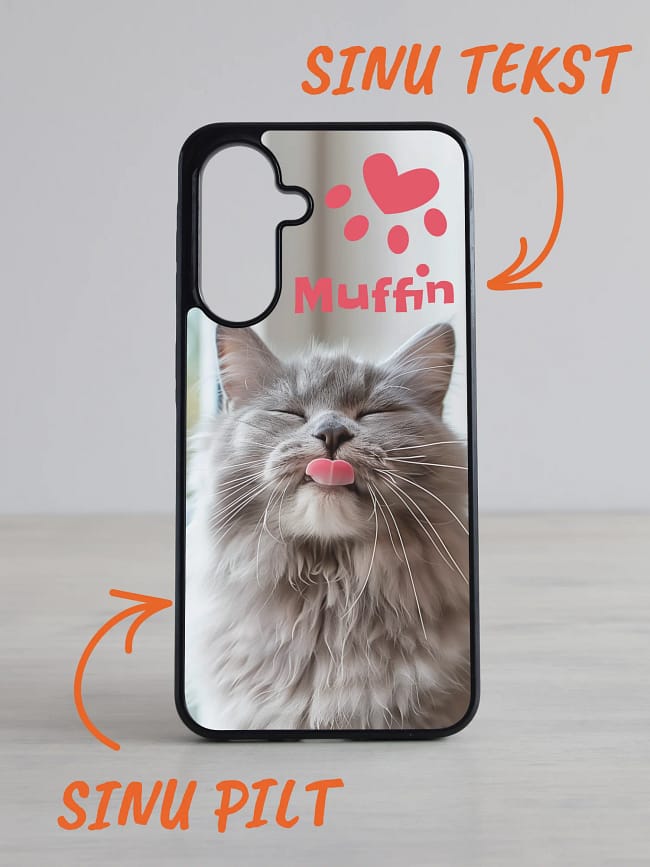 Samsung Galaxy ümbris – Sinu foto ja tekstiga Samsung Galaxy telefoni kaane kassipilt, pildi ja nimega personaliseeritud.