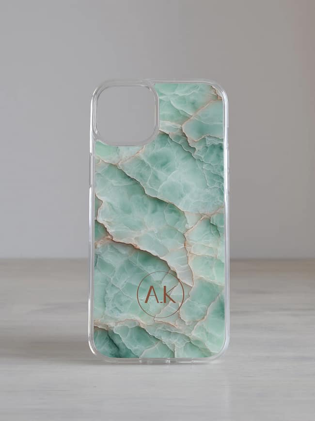Mereroheline marmormustriga iPhone kaas initsiaalidega personaliseeritud