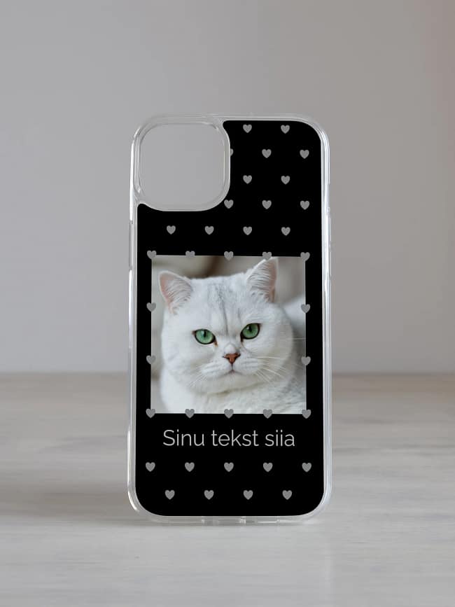 Must südamepolkaga iPhone kaas nime ja pildiga personaliseeritud