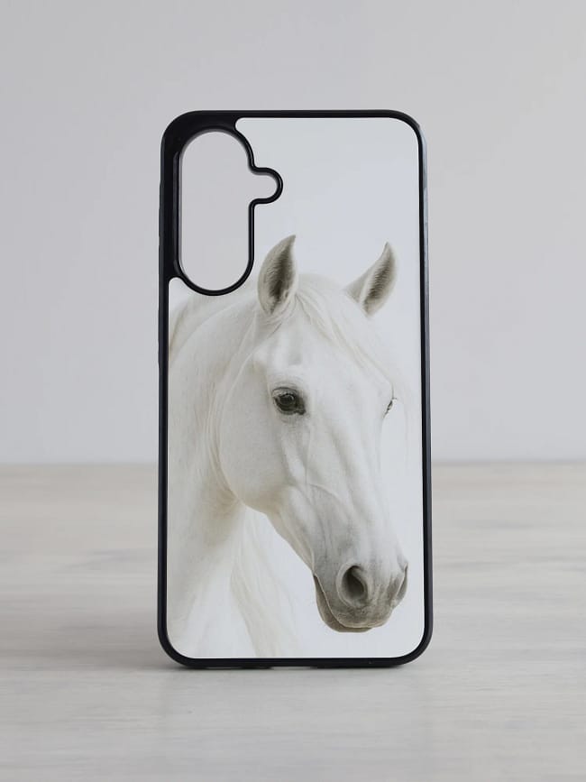 Samsung Galaxy ümbris "Valge hobune" (Sinu tekstiga) Elegantne monokroomne Samsung Galaxy telefonikaan valge hobuse portreega
