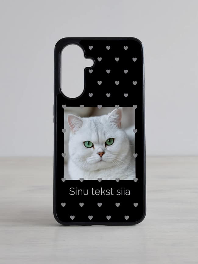Must südamepolkaga Samsung Galaxy kaas nime ja pildiga personaliseeritud