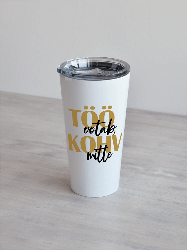 Nimeline termostass "Kohv ei oota" Valge 480ml termostass, millel on tekstikujundus töö ootab, kohv mitte, beež-must.