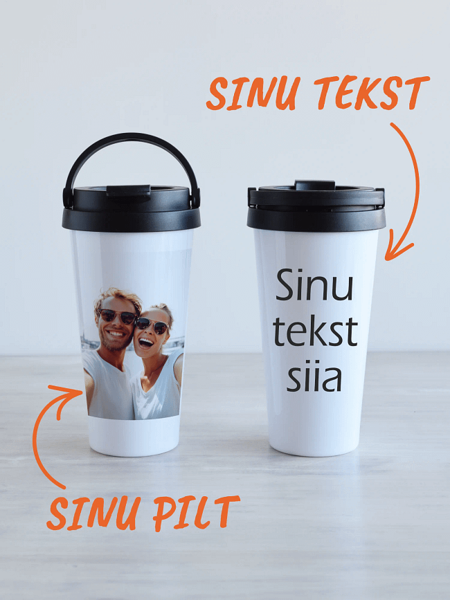 Termostass sinu foto ja/või tekstiga 500ml valge termoskruus, musta keeratava sangaga kaanega, oma pildi ja tekstiga personaliseeritav.