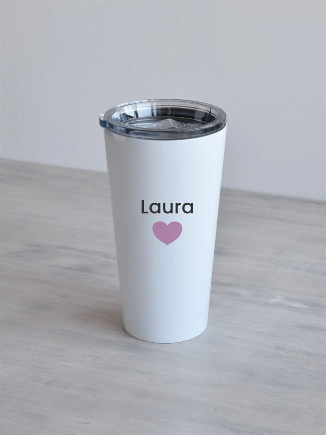 480ml valge termostass, roosa süda, nimega personaliseeritud