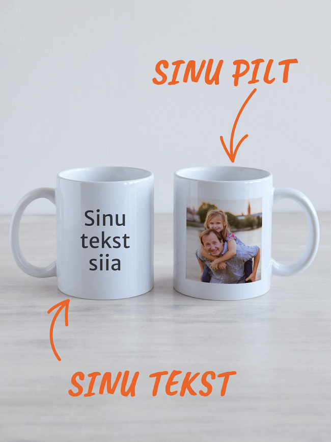 Personaalne kruus – foto, tekst või mõlemad Kaks valget kruusi, personaliseeritavad oma pildiga ja oma tekstiga.