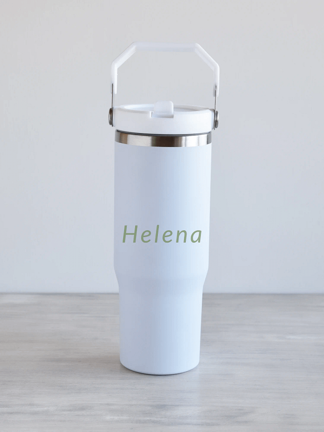 Valge matt kõrre ja sangaga joogipudel, 900ml, nimega personaliseeritud, salveiroheline