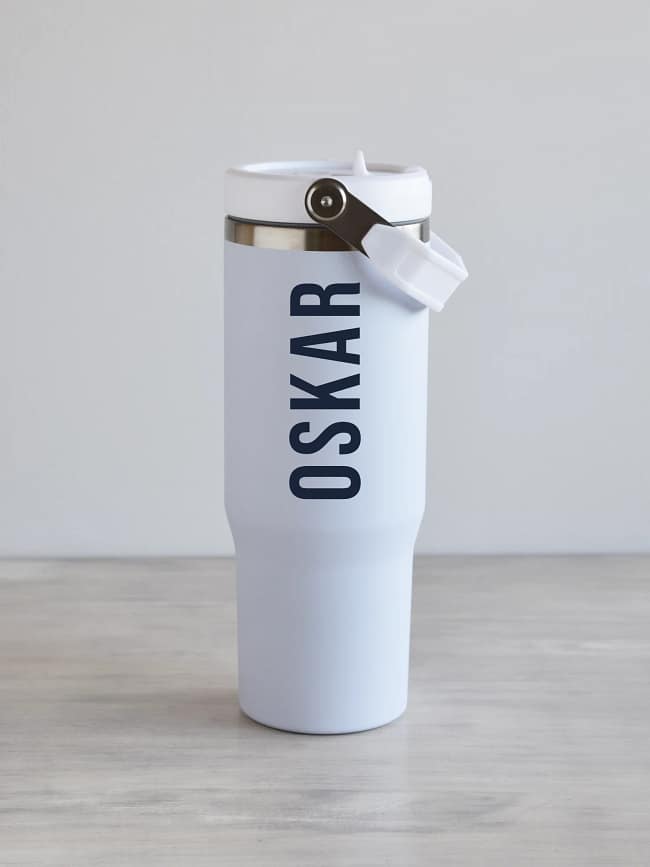 Valge matt kõrre ja sangaga joogipudel, 900ml, nimega personaliseeritud, tumesinine