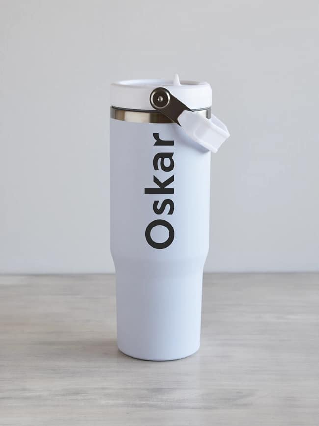 Valge matt kõrre ja sangaga joogipudel, 900ml, nimega personaliseeritud, tumehall