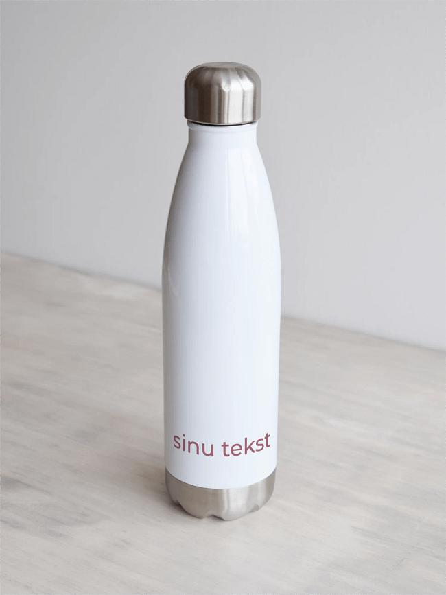 Valge joogipudel, personaliseeritav, oma tekstiga tagaküljel.